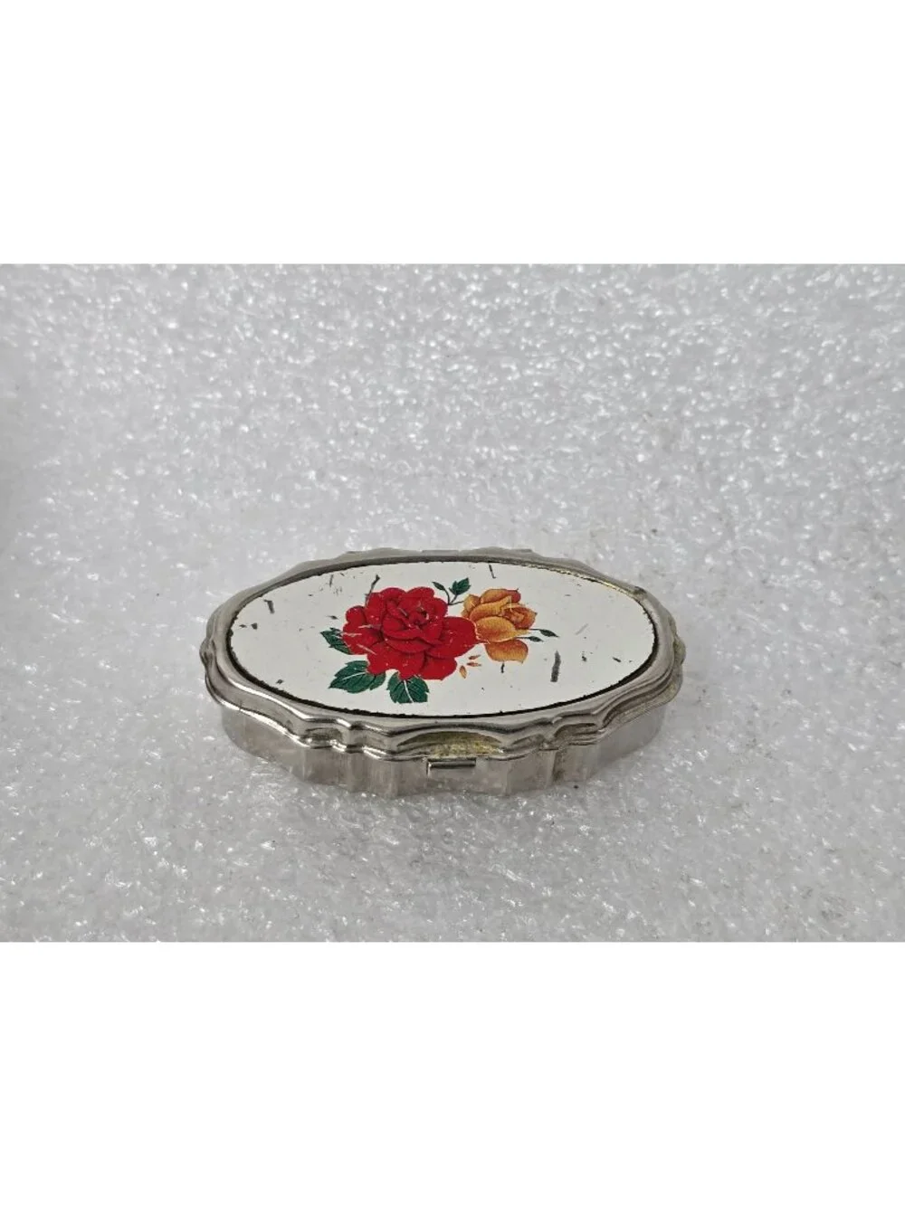 Vintage Oval Metal Pill Box Floral Design Lid Hinged Closure Compact Rose Motif